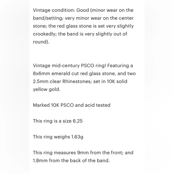 10K Vintage PSCO Red Glass Rhinestone dark red garnet emerald cut statement ring - Picture 11 of 11